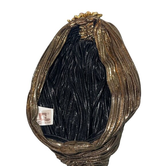 Gather Top Vintage Womens Turban Hat One Size Gold Crystal Head Wrap Pleated - Picture 2 of 7